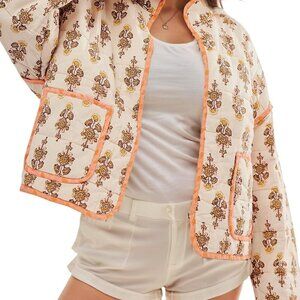 Women's Cropped Puffer Jacket Lightweight Floral Print Quilted Coat Small